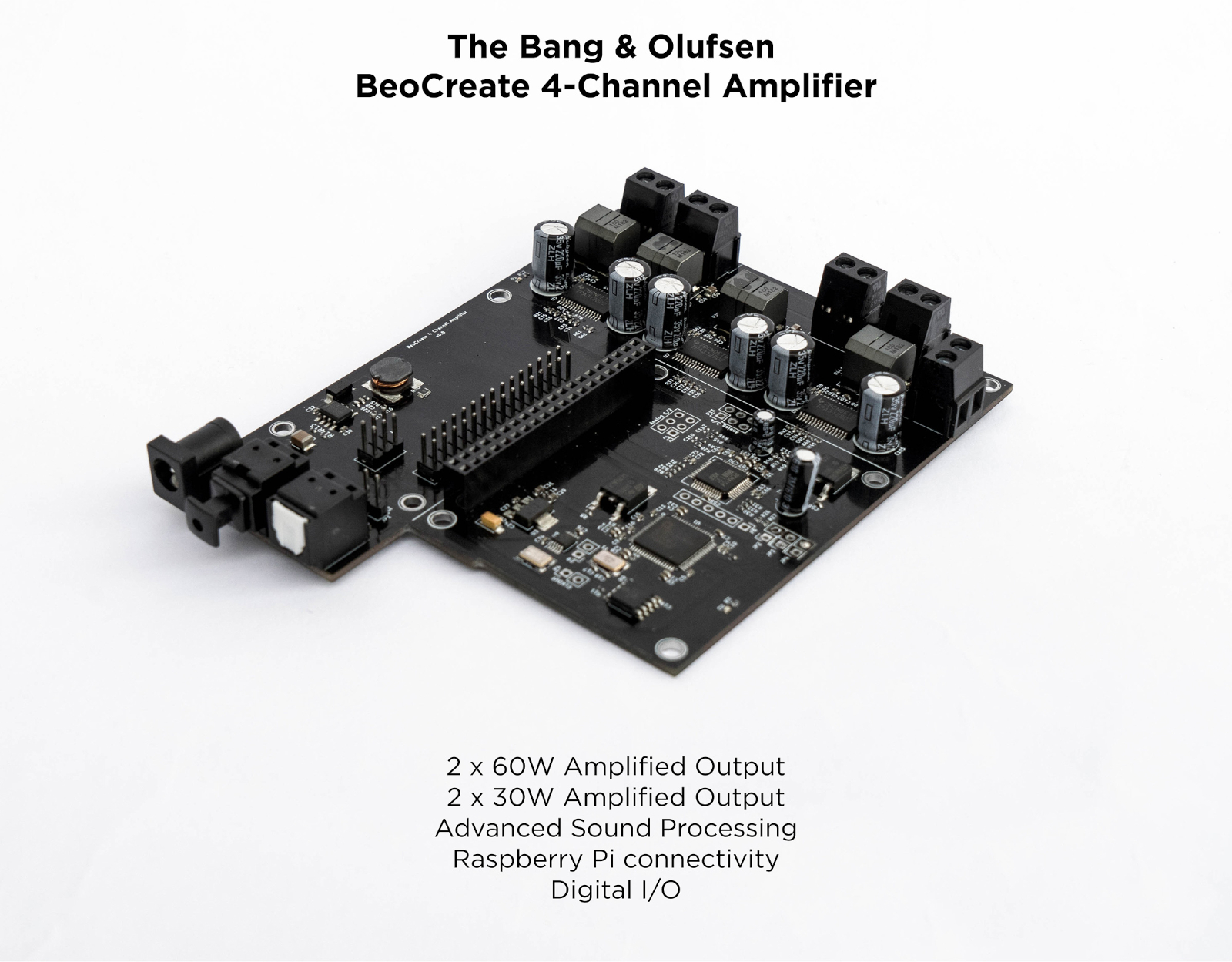 Product specifications for the Beocreate 4CA, a raspberry pi powered audio platform